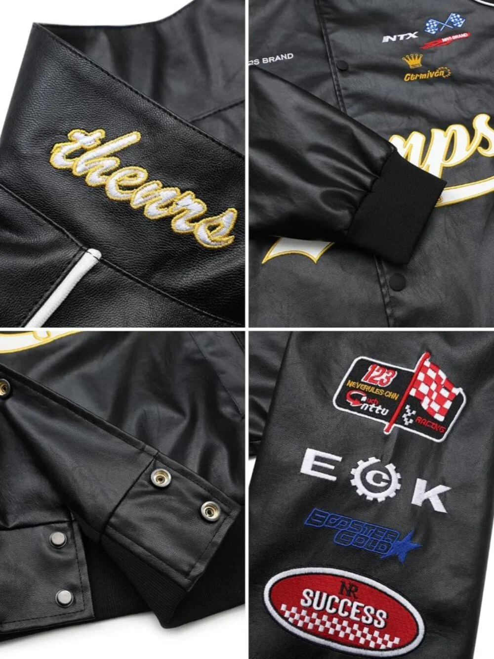 Faux Leather Motocross Jackets Oversized Vintage Racing Varsity Bomber Coat Men - Picture 6 of 6